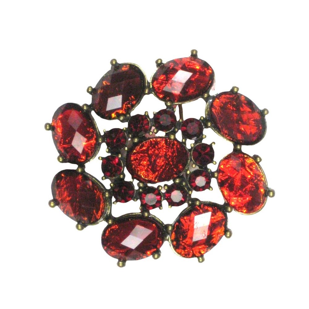 Jewelry Fashion Brooch Goldtone 1.75 Inch Pin Red Rhinestones Plastic Beads